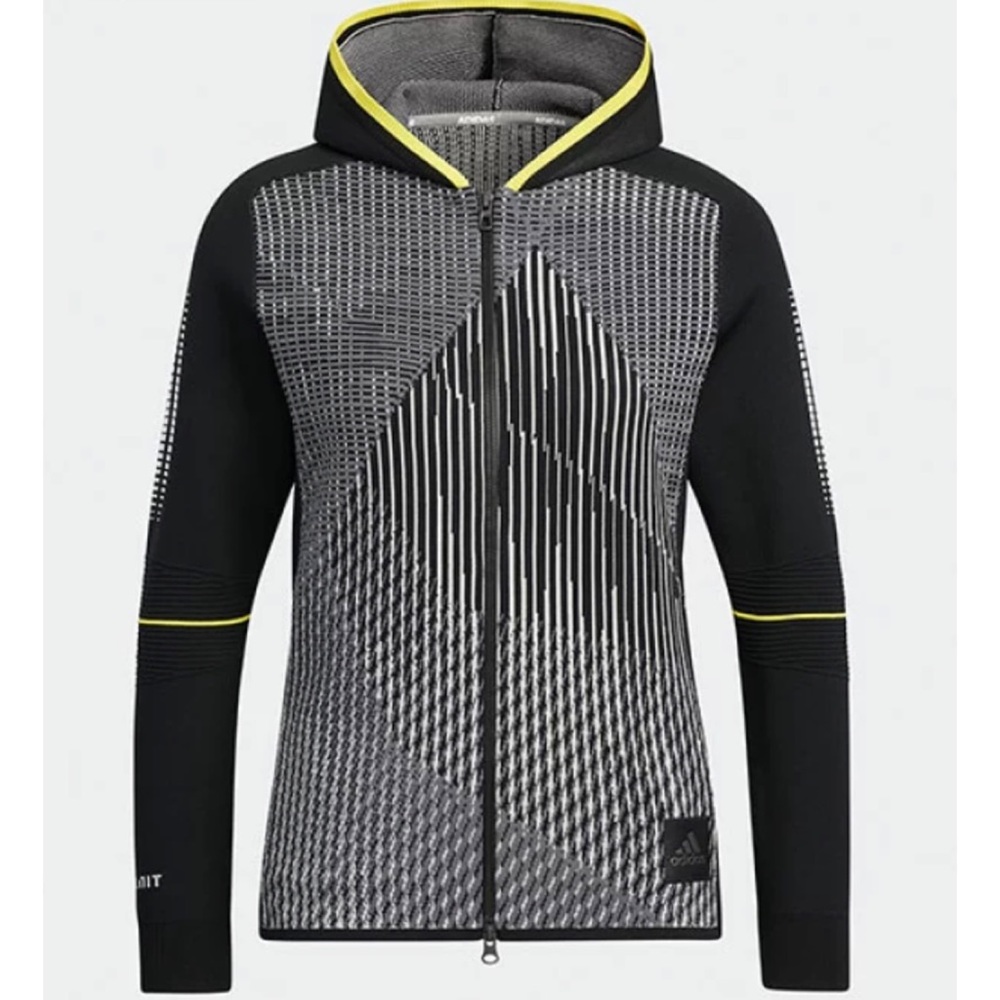 ADIDAS • Black/White/Grey/Yellow Abstract Print Full-Zip Hooded Knit Jacket, S - Picture 6 of 16